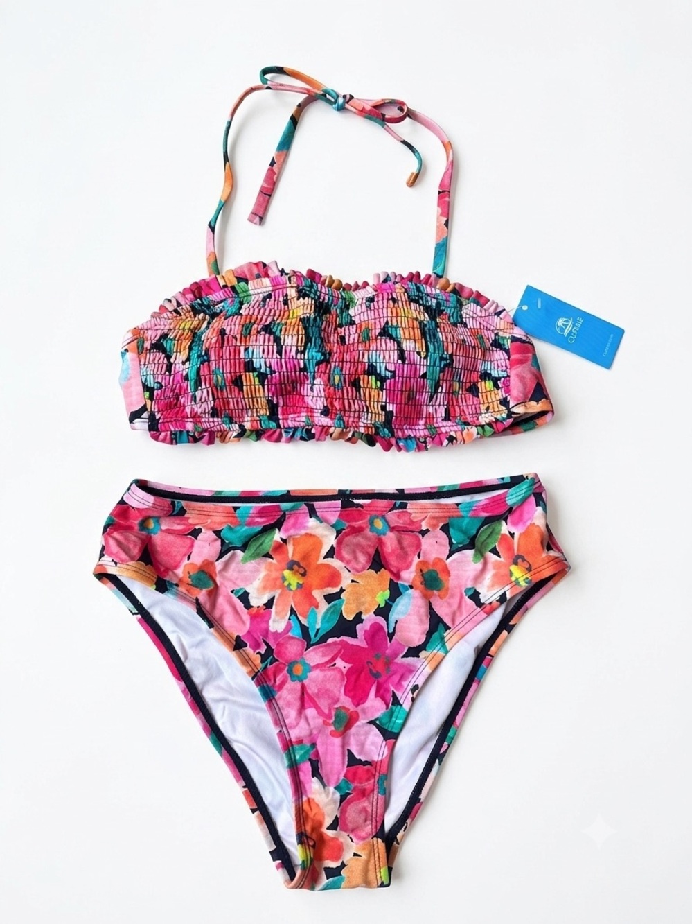 Cupshe Vibrant Floral Bikini Set NWT XS Bandeau High Waist Two Piece Swimsuit